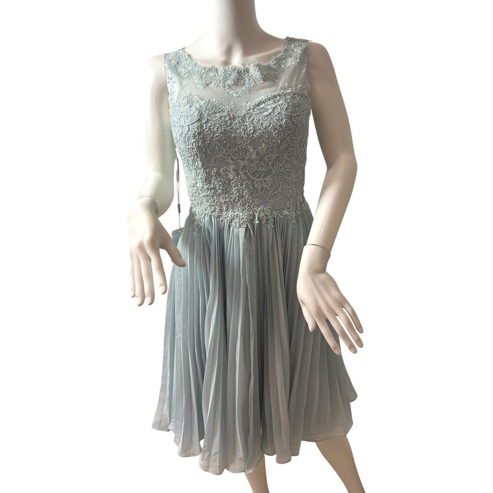 JJ’s House Cocktail Dress 4 Blue Green Lace Chiffon Pleats Sleeveless Party NWT